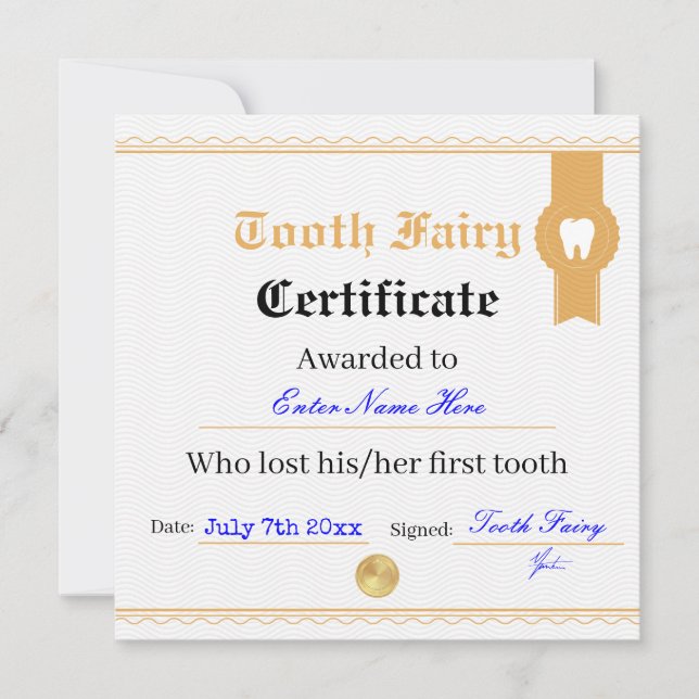 Printable Tooth Fairy Certificate Template  (Front)