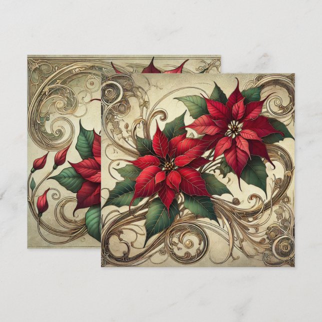 Printable Vintage Art Nouveau Christmas Poinsettia Invitation (Front/Back)