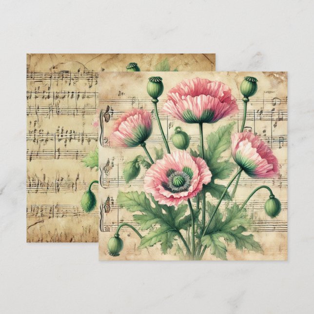 Printable Vintage Pink and Green Poppies Scrapbook Invitation (Front/Back)