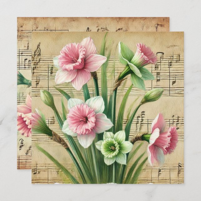Printable Vintage Pink & Green Daffodils Scrapbook Invitation (Front/Back)