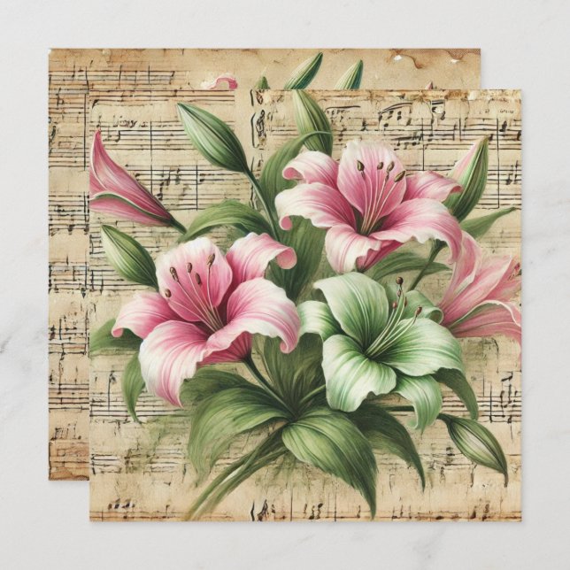 Printable Vintage Pink & Green Lilies Scrapbook Invitation (Front/Back)
