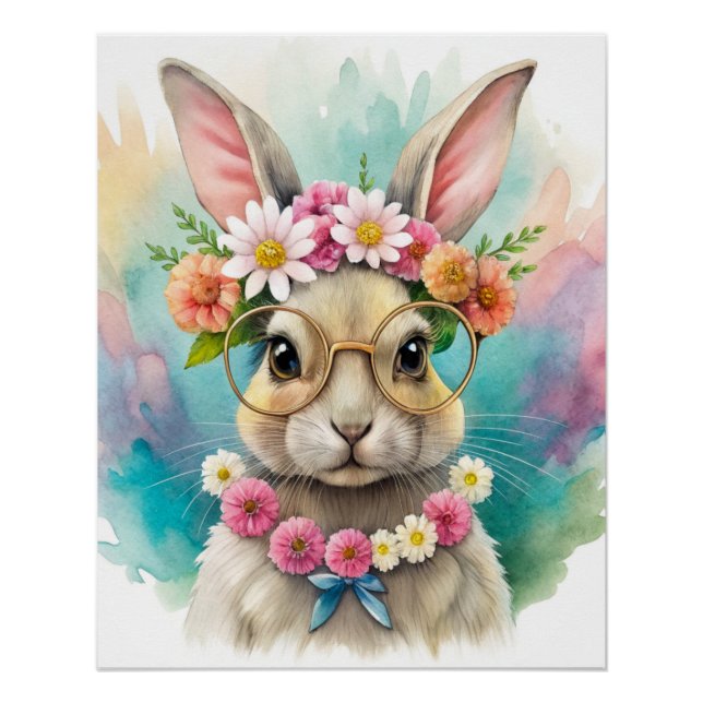 Printable Watercolor Cute Rabbit Wall Poster Art (Front)