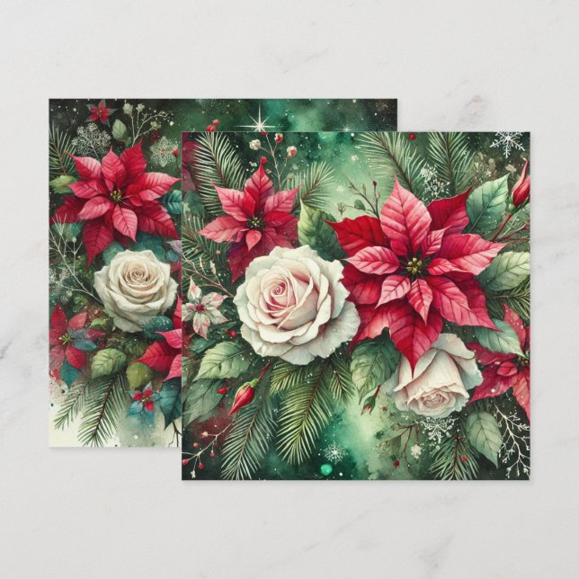 Printable Whimsical Winter Poinsettia Evergreen Invitation (Front/Back)