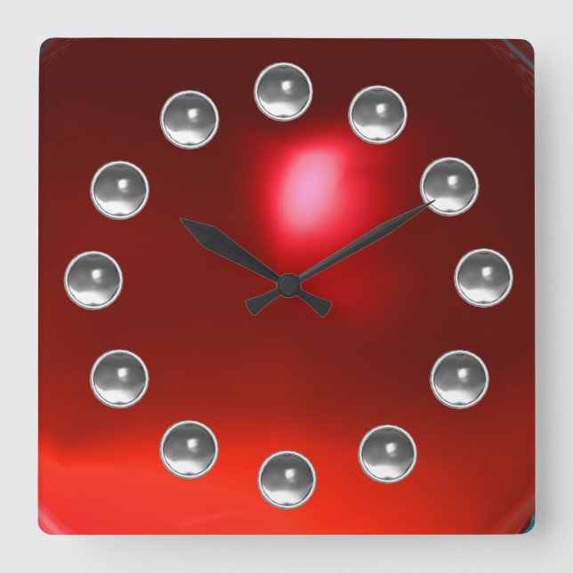 PRINTED 3D RED RUBY AND WHITE GEMSTONES SQUARE WALL CLOCK (Front)