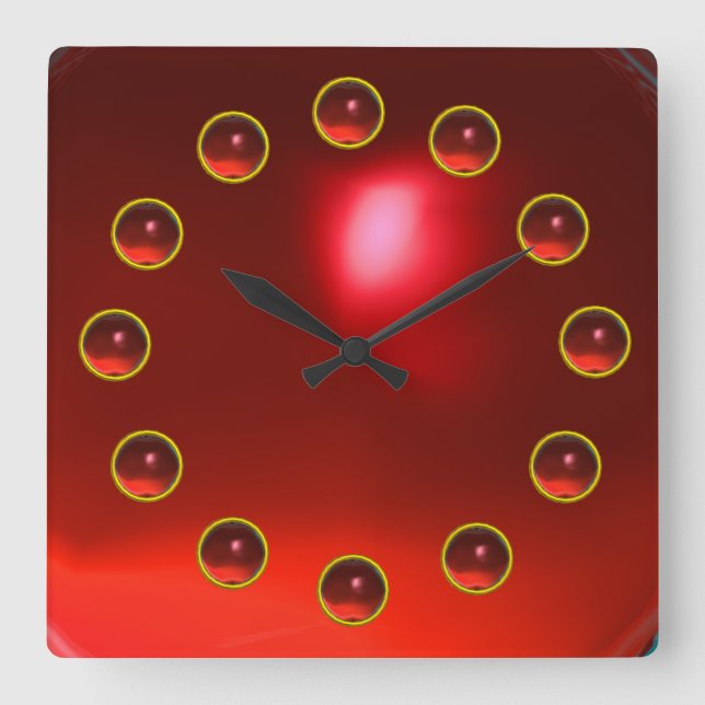 PRINTED 3D RED RUBY GEMSTONES SQUARE WALL CLOCK (Front)