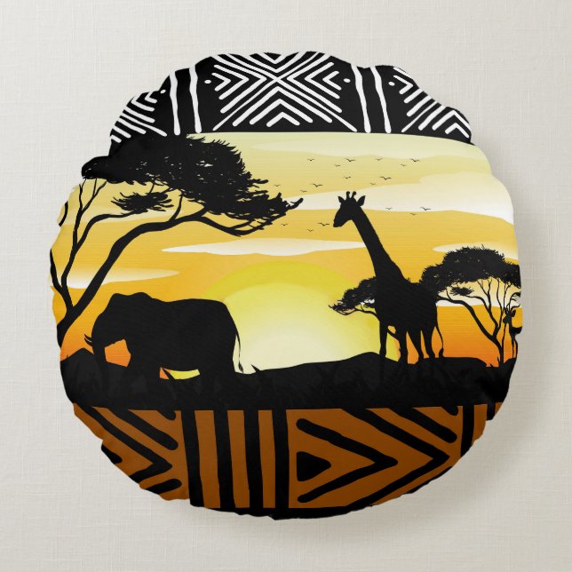Printed African Safari Scene Round Pillow (Front)
