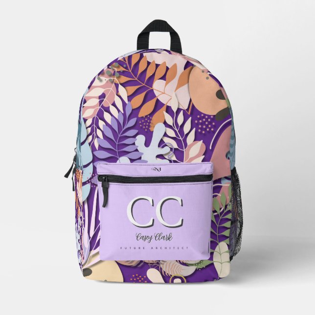 Printed Backpack : Abstract Leaves (purple) (Front)