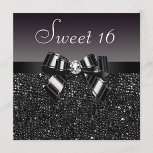 Printed Black Sequins, Bow & Diamond Sweet 16 Invitation
