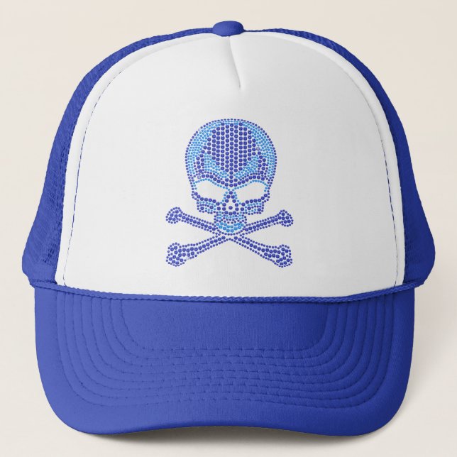 Printed Blue Rhinestone Skull & Crossbones Trucker Hat (Front)