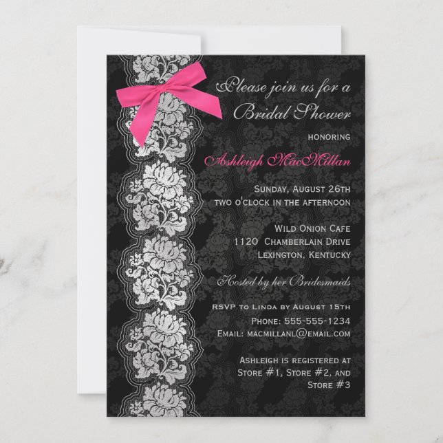PRINTED BOW Black Floral Lace Bridal Shower Invite (Front)