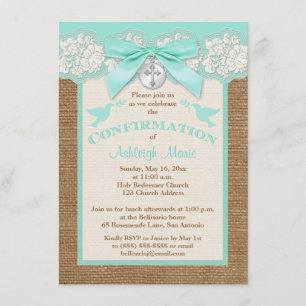 PRINTED BOW & CHARM Aqua Confirmation Invite