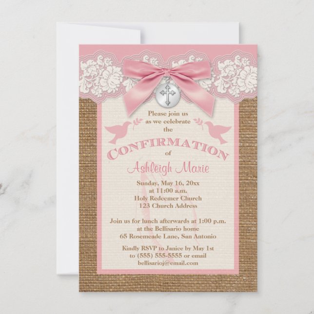 PRINTED BOW & CHARM Pink Confirmation Invite (Front)
