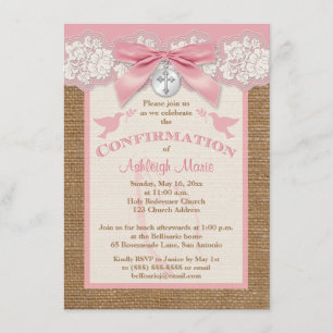 PRINTED BOW & CHARM Pink Confirmation Invite