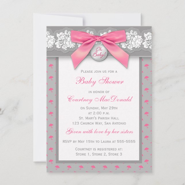 PRINTED BOW Grey Floral Lace Baby Shower Invite (Front)