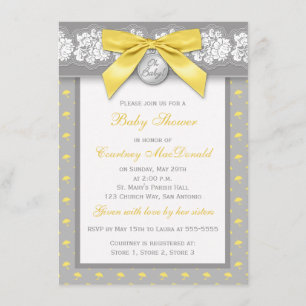 PRINTED BOW Grey Floral Lace Baby Shower Invite