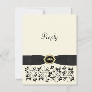 PRINTED BOW Ivory, Gold, Black Floral Reply Card