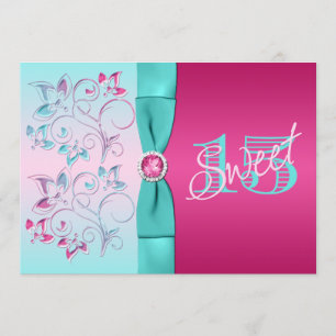 PRINTED BOW Pink, Aqua Floral Quinceanera Invite