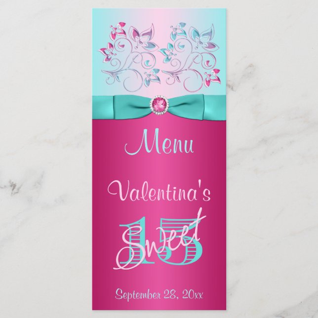 PRINTED BOW Pink, Aqua Floral Sweet 15 Menu Card (Front)