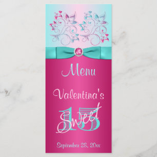 PRINTED BOW Pink, Aqua Floral Sweet 15 Menu Card