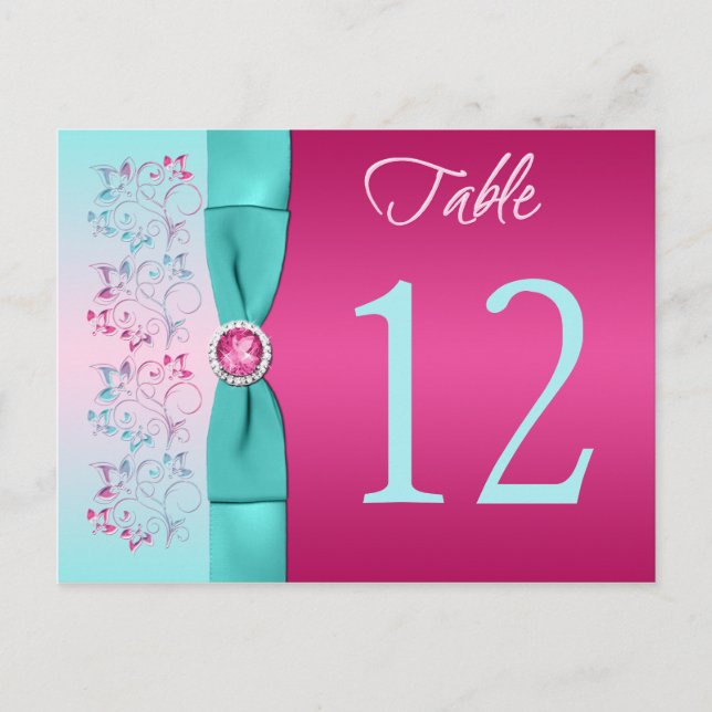 PRINTED BOW Pink, Aqua Floral Table Number Card (Front)