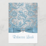 PRINTED Bow - Winter Wonderland Bat Mitzvah Invite<br><div class="desc">This elegant ice blue, silver grey floral FAUX glitter damask pattern Bat Mitzvah invitation has a background of assorted white snowflakes on it and a PRINTED steel blue ribbon and bow with a silver grey Star of David brooch on it. It would be perfect for the Bat Mitzvah coming of...</div>
