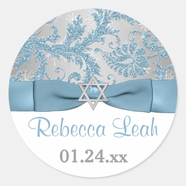 PRINTED Bow - Winter Wonderland Damask Bat Mitzvah Classic Round Sticker (Front)