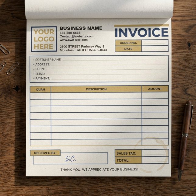 Printed Business Sales Invoice Forms, Company Logo Notepad (custom printed carbonless forms, professional invoice writing pad)