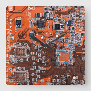 Printed Circuit Assembly PCB Orange Circuit Board Square Wall Clock