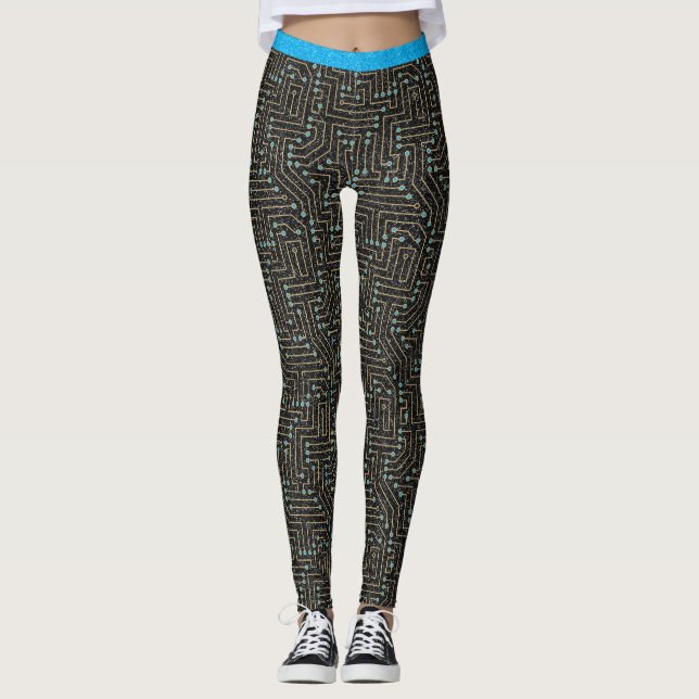Printed Circuit Board Blue Gold Black Glitter Leggings (Front)