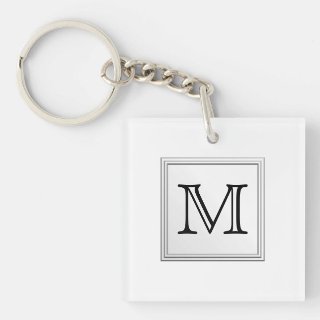 Printed Custom Monogram. Black and White. Keychain (Front)