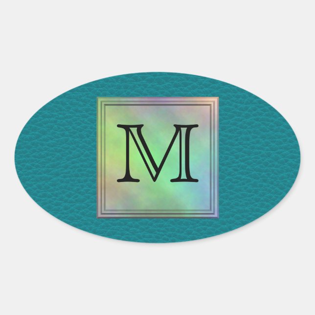 Printed Custom Monogram Image on Teal Pattern. Oval Sticker (Front)