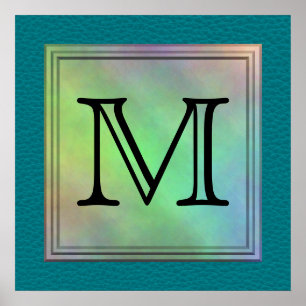 Printed Custom Monogram Image on Teal Pattern. Poster