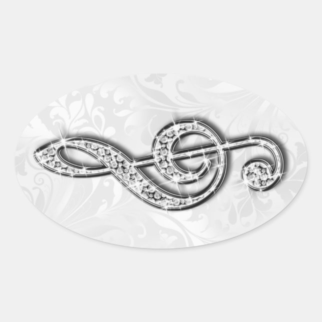 Printed Diamond Music Note Floral Damask Oval Sticker (Front)
