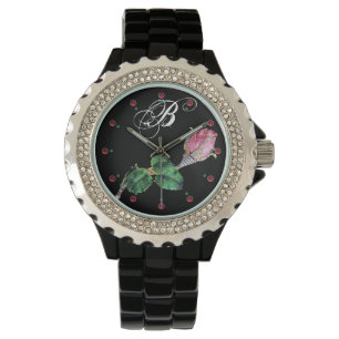 PRINTED ENAMEL ROSEBUD JEWEL AND DIAMONDS MONOGRAM WATCH