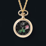 PRINTED ENAMEL ROSEBUD JEWEL AND DIAMONDS MONOGRAM WATCH<br><div class="desc">Elegant floral design with pink rosebud with diamonds and 3D pink gemstones.</div>