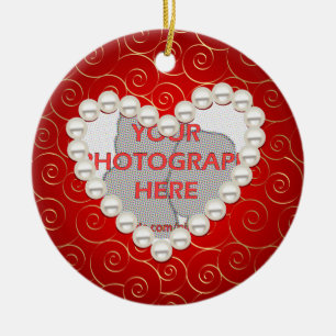 Printed Faux pearl red and gold anniversary Ceramic Ornament