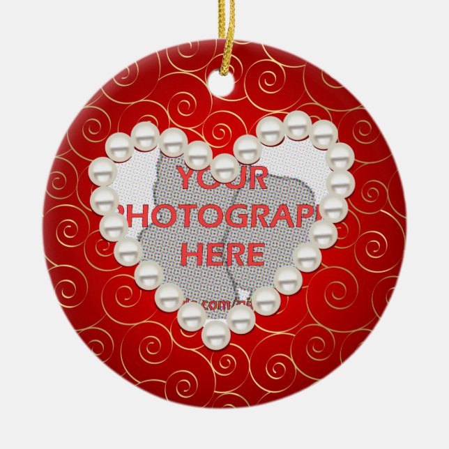 Printed Faux pearl red and gold anniversary Ceramic Ornament (Front)
