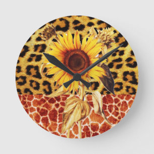 PRINTED GIRAFFE, LEOPARD FUR AND SUNFLOWER ROUND CLOCK