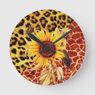 PRINTED GIRAFFE, LEOPARD FUR AND SUNFLOWER ROUND CLOCK