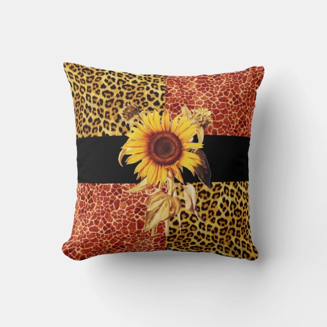 PRINTED GIRAFFE, LEOPARD FUR AND SUNFLOWER THROW PILLOW (Front)