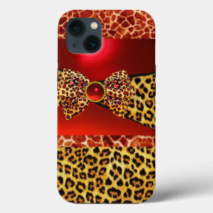 PRINTED GIRAFFE LEOPARD SKIN BOW,RED RUBY GEMSTONE iPhone 13 CASE