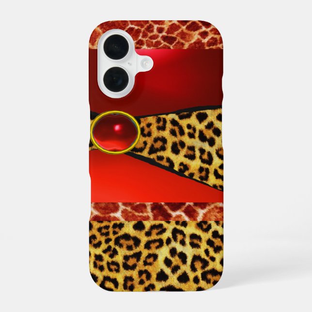 PRINTED GIRAFFE LEOPARD SKIN RED RUBY GEMSTONE iPhone 16 CASE (Back)
