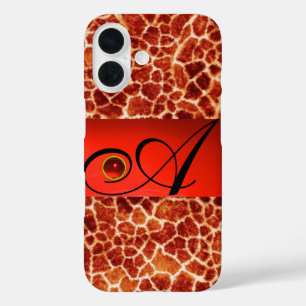 PRINTED GIRAFFE SKIN RED RUBY GEMSTONE MONOGRAM, iPhone 16 CASE