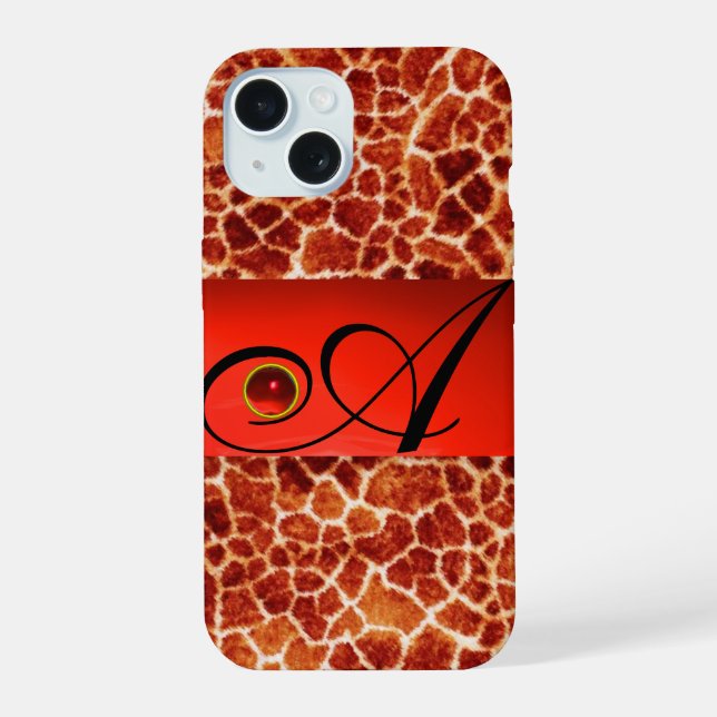 PRINTED GIRAFFE SKIN RED RUBY GEMSTONE MONOGRAM, iPhone 15 CASE (Back)