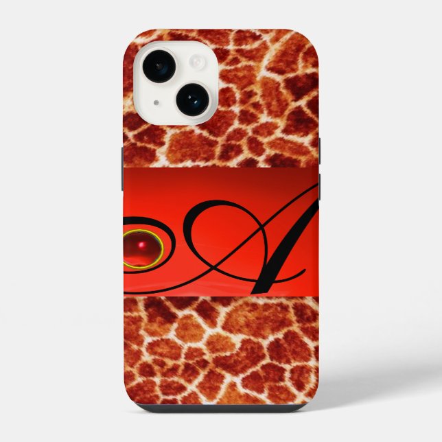 PRINTED GIRAFFE SKIN RED RUBY GEMSTONE MONOGRAM, iPhone CASE (Back)