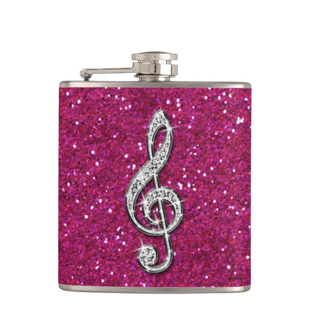 Printed Glitzy Sparkly Diamond Music Note Hip Flask (Front)
