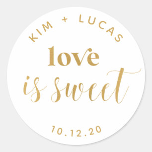 Printed Gold Love is Sweet Wedding Favour Classic Round Sticker