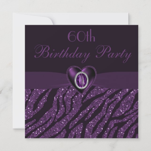 Printed Jewel Heart & Zebra Glitter 60th Birthday Invitation (Front)