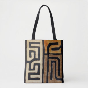 Printed Kuba Cloth Tote, Beige, Brown, Black Tote Bag