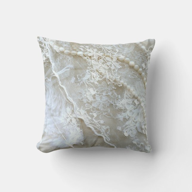 Printed Lace Pearls Decorative Throw Pillow (Front)
